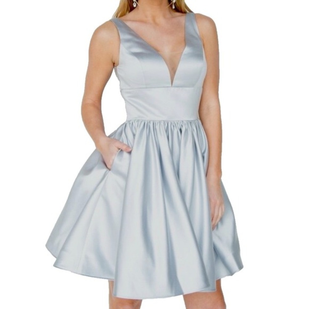 Y2K Vienna‎ Prom Dress Silver Satin Fit Flare Size 4 Tulle Formal Cocktail Short
